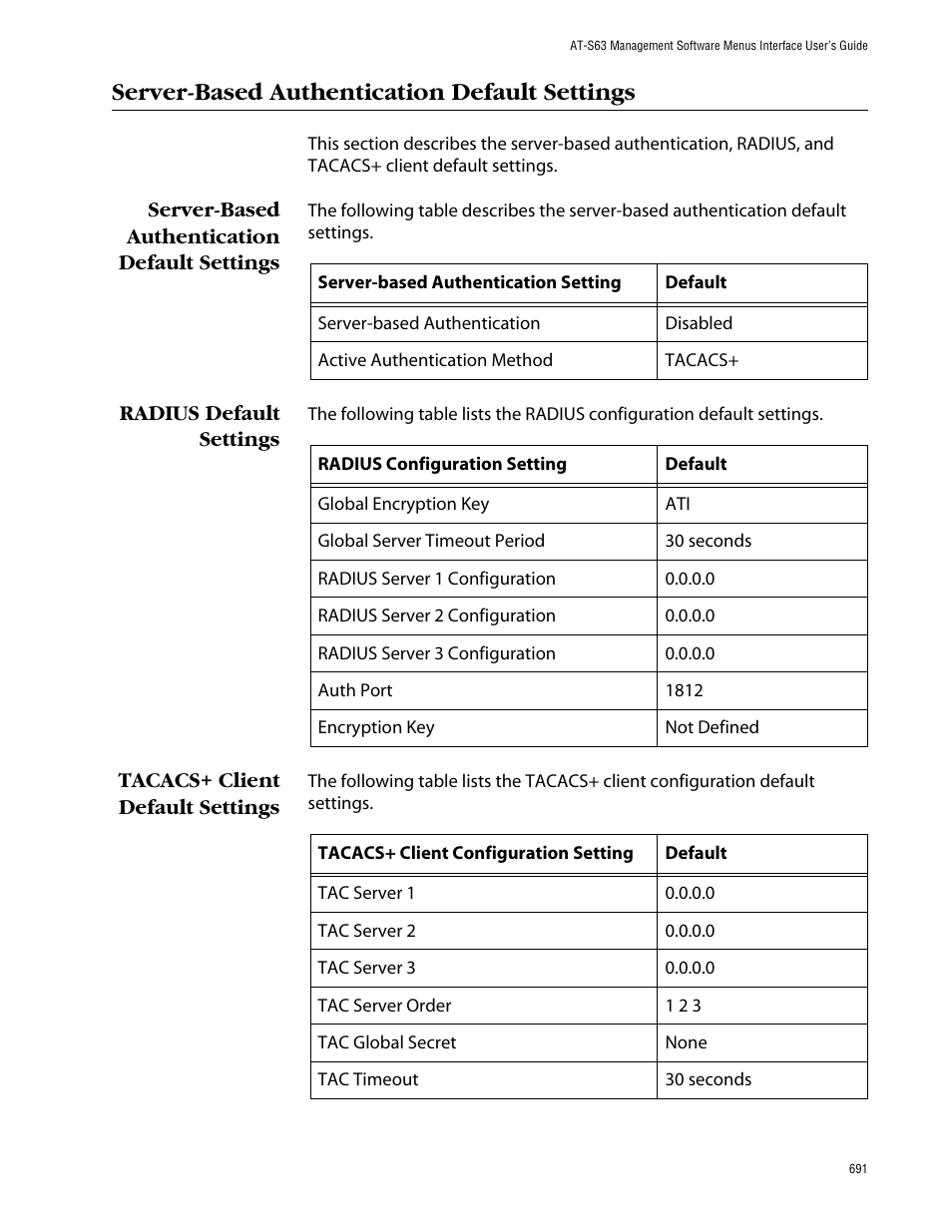 Server-based authentication default settings, Radius default settings, Tacacs+ client default settings | Allied Telesis AT-S63 User Manual | Page 691 / 710