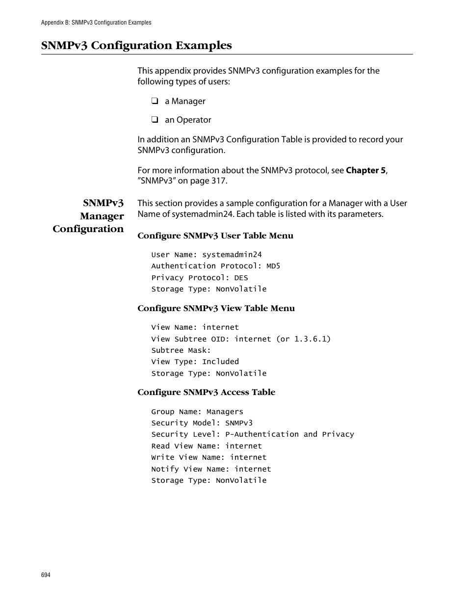 Snmpv3 configuration examples, Snmpv3 manager configuration, Configure snmpv3 user table menu | Configure snmpv3 view table menu, Configure snmpv3 access table | Allied Telesis AT-S63 User Manual | Page 694 / 710