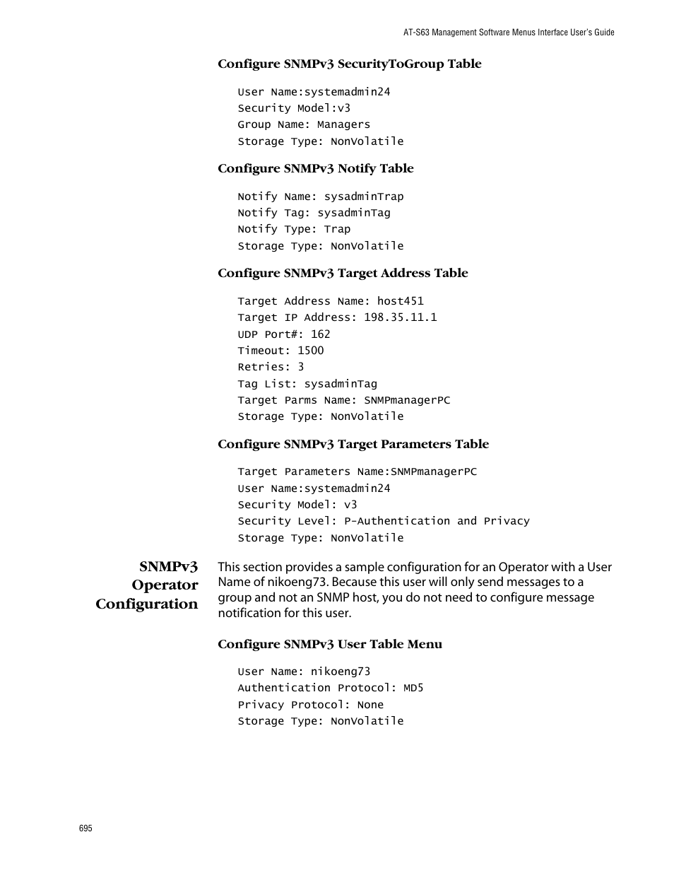 Configure snmpv3 securitytogroup table, Configure snmpv3 notify table, Configure snmpv3 target address table | Configure snmpv3 target parameters table, Snmpv3 operator configuration, Configure snmpv3 user table menu | Allied Telesis AT-S63 User Manual | Page 695 / 710