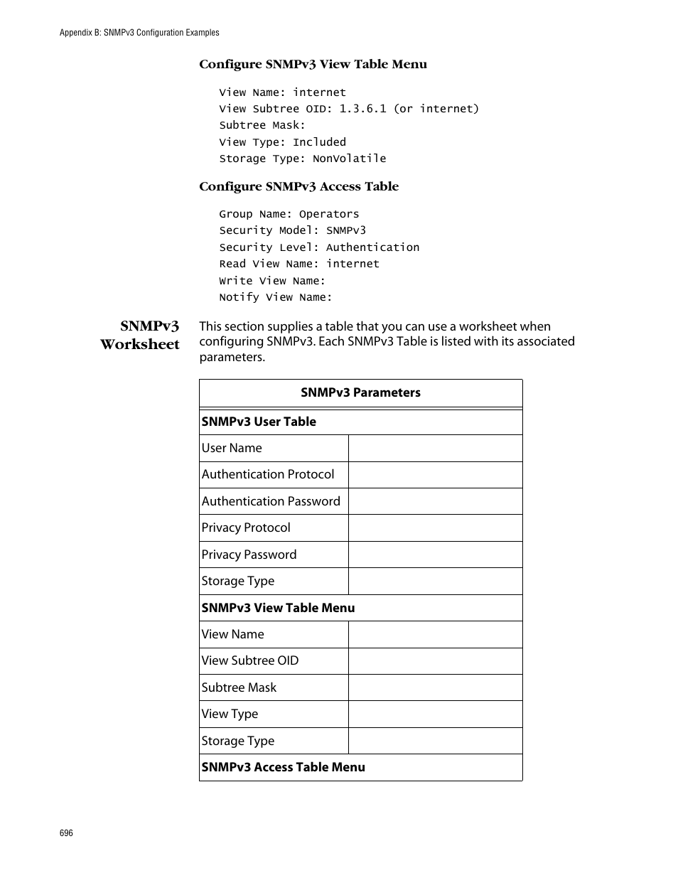 Configure snmpv3 view table menu, Configure snmpv3 access table, Snmpv3 worksheet | Allied Telesis AT-S63 User Manual | Page 696 / 710