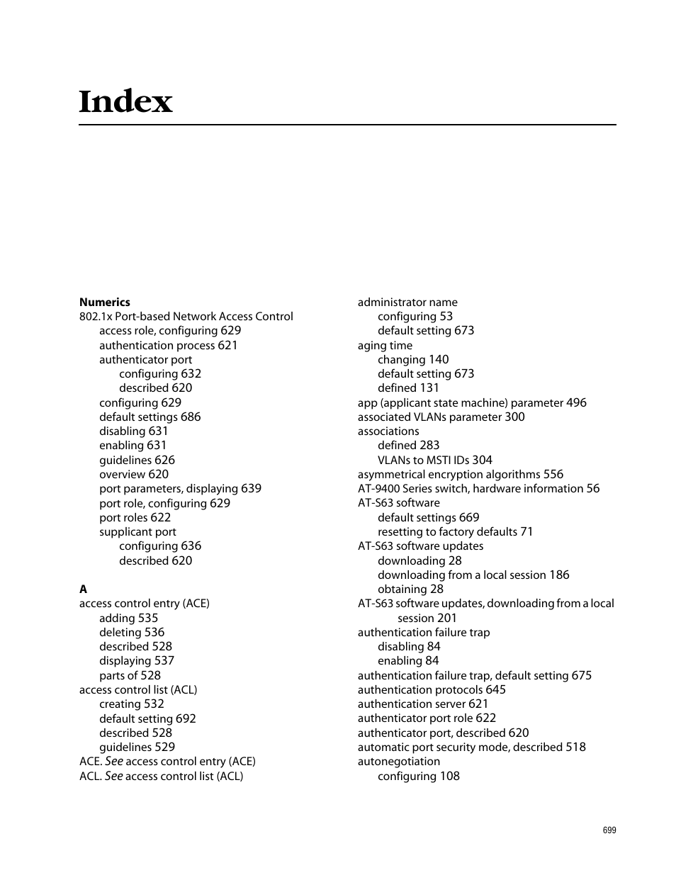Index | Allied Telesis AT-S63 User Manual | Page 699 / 710