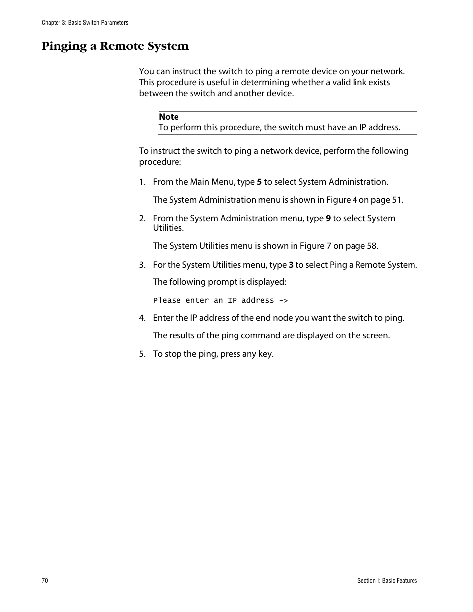 Pinging a remote system | Allied Telesis AT-S63 User Manual | Page 70 / 710