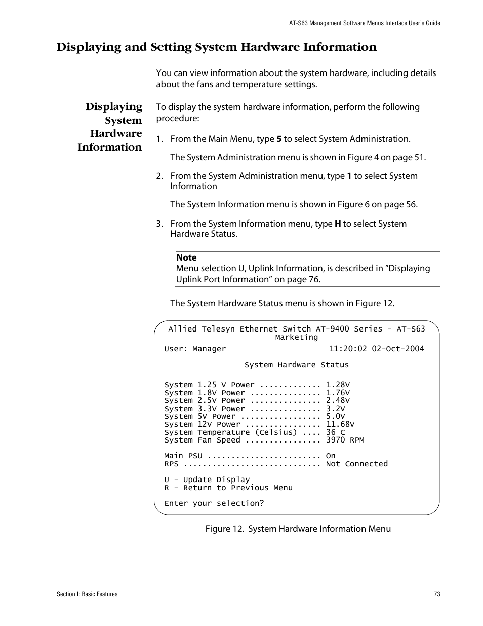 Displaying and setting system hardware information, Displaying system hardware information | Allied Telesis AT-S63 User Manual | Page 73 / 710