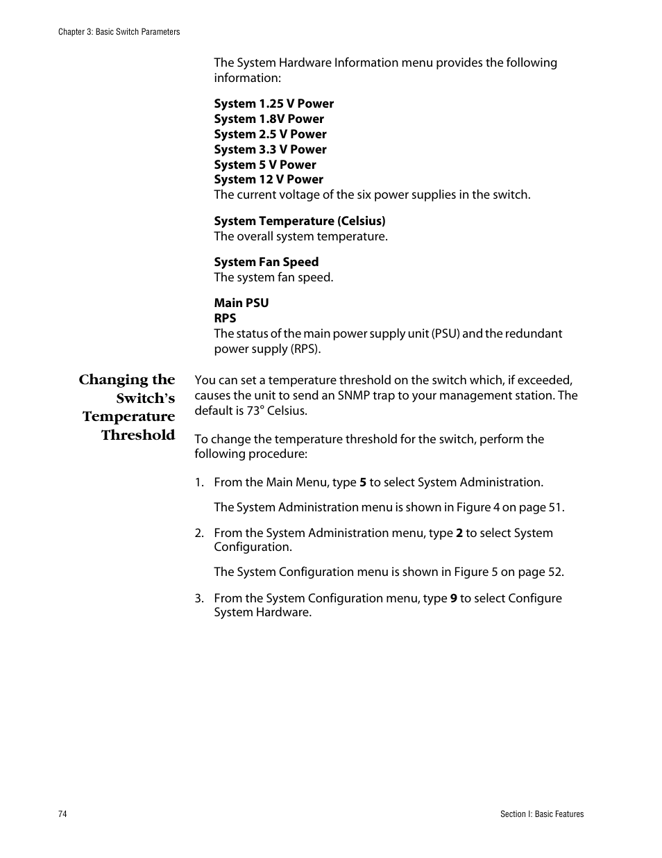 Changing the switch’s temperature threshold | Allied Telesis AT-S63 User Manual | Page 74 / 710