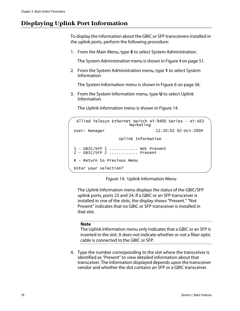 Displaying uplink port information | Allied Telesis AT-S63 User Manual | Page 76 / 710