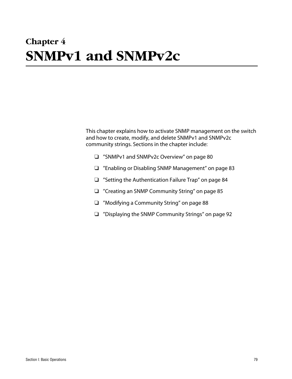 Chapter 4, Snmpv1 and snmpv2c, Chapter 4 snmpv1 and snmpv2c | Allied Telesis AT-S63 User Manual | Page 79 / 710