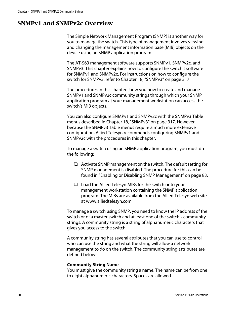 Snmpv1 and snmpv2c overview | Allied Telesis AT-S63 User Manual | Page 80 / 710
