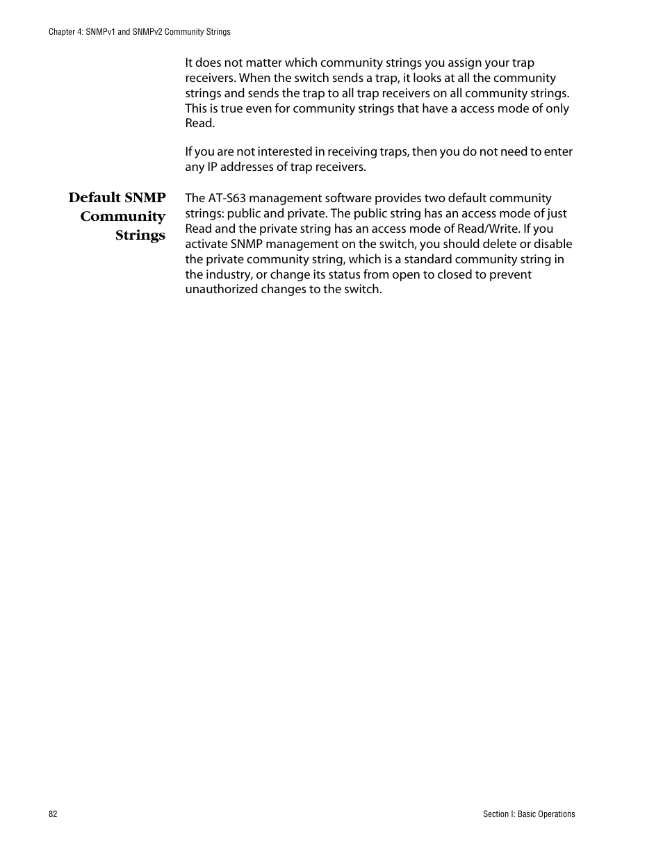 Default snmp community strings | Allied Telesis AT-S63 User Manual | Page 82 / 710