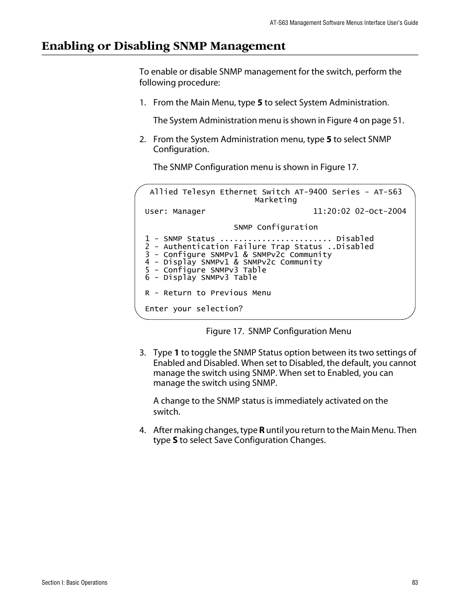 Enabling or disabling snmp management | Allied Telesis AT-S63 User Manual | Page 83 / 710