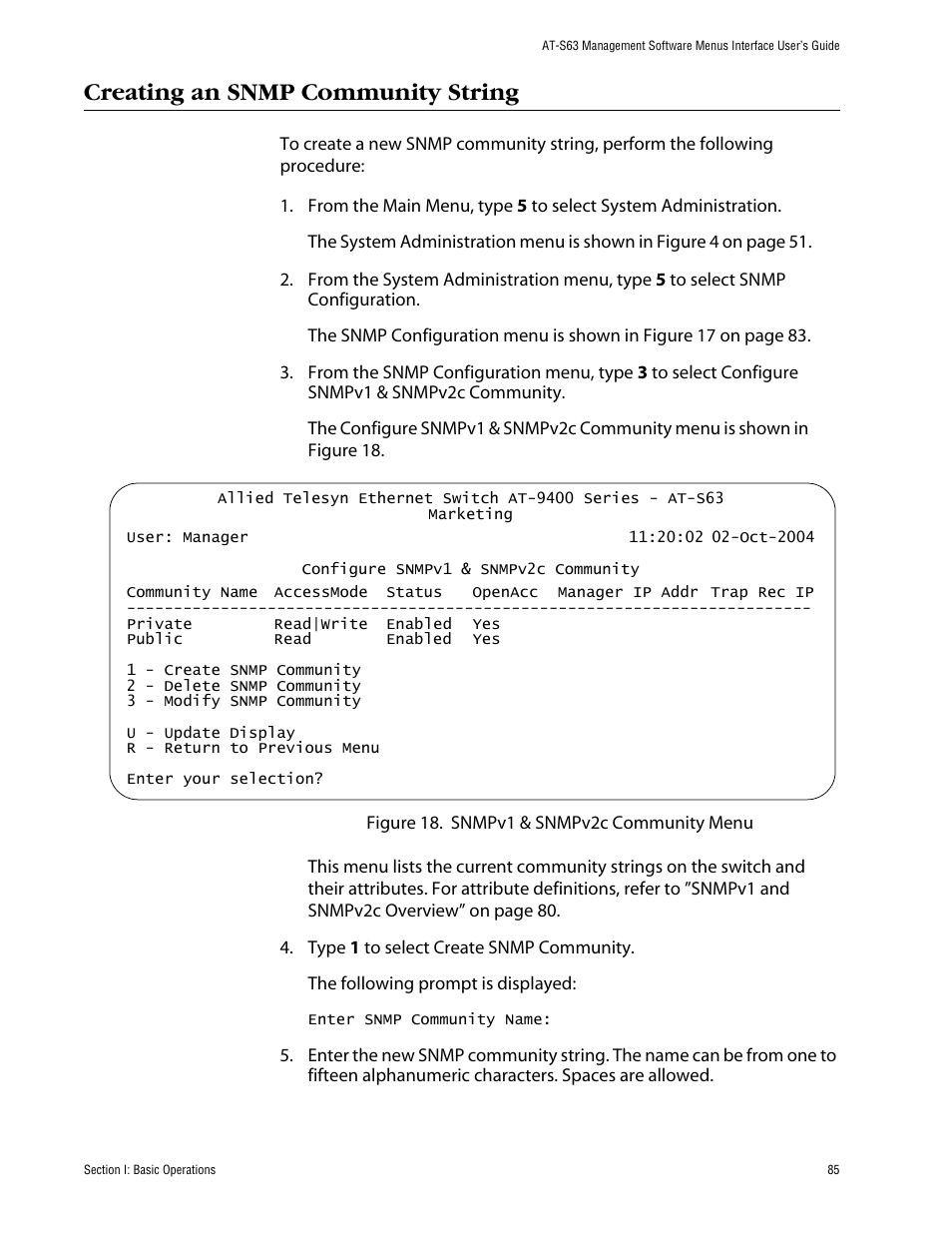 Creating an snmp community string | Allied Telesis AT-S63 User Manual | Page 85 / 710