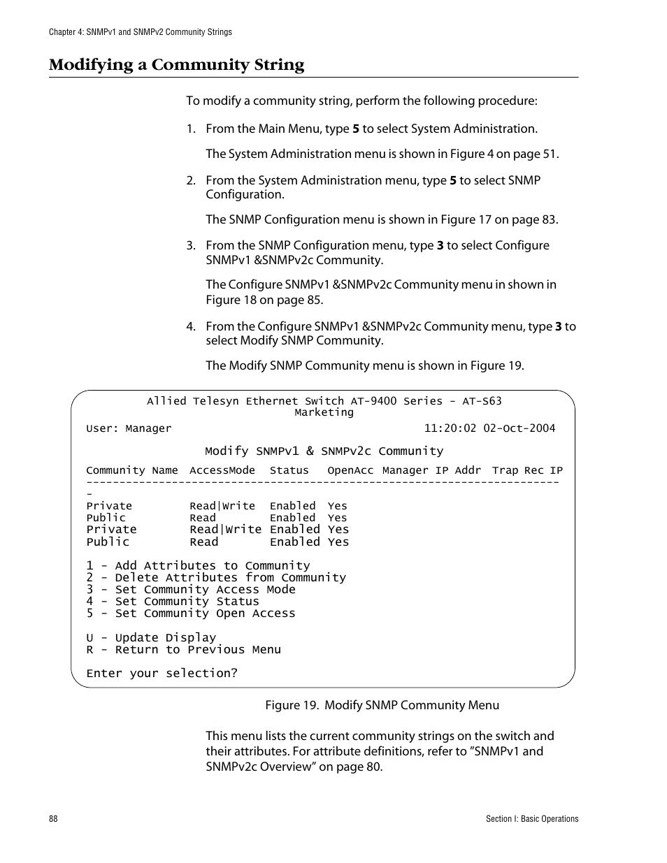 Modifying a community string | Allied Telesis AT-S63 User Manual | Page 88 / 710