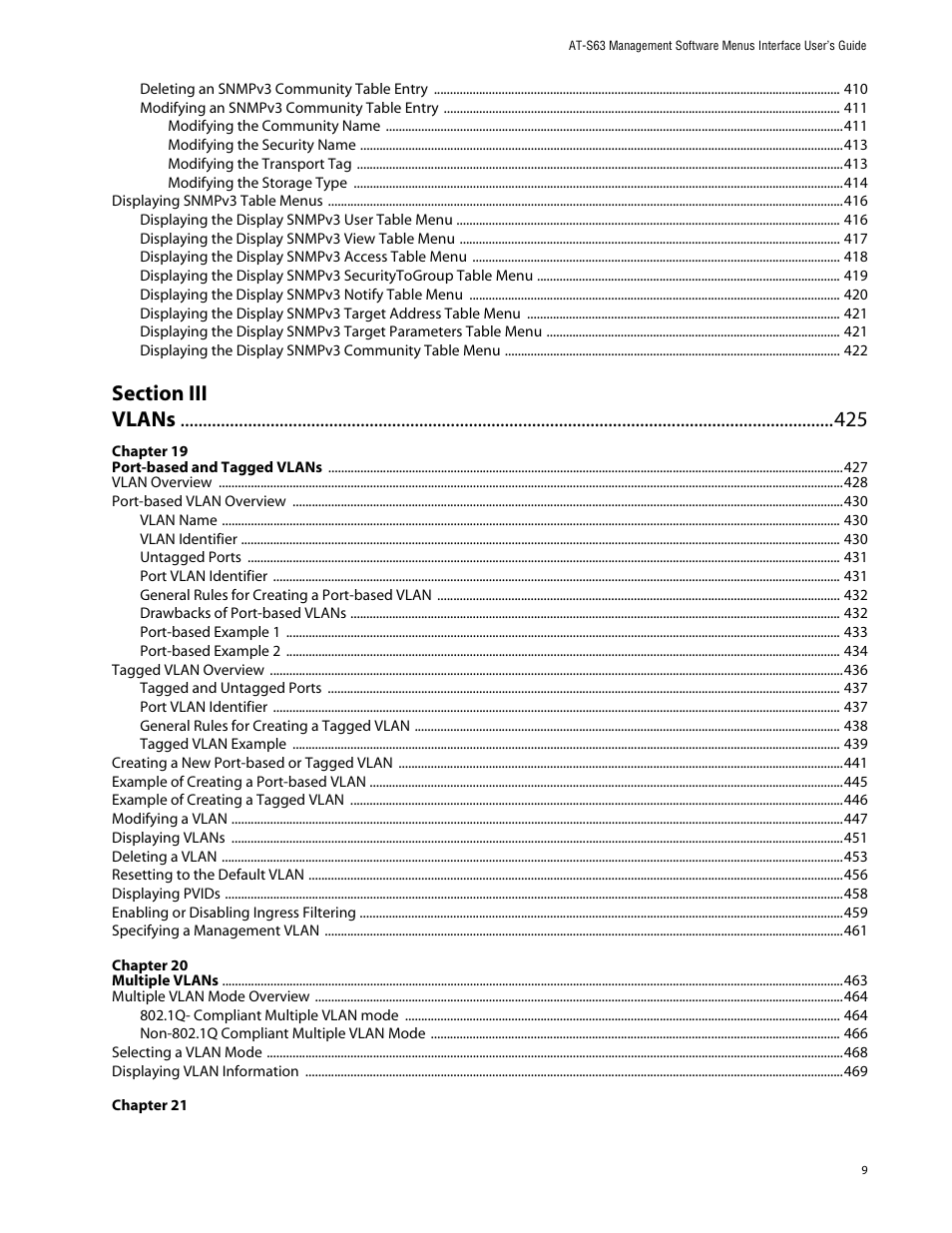 Section iii, Vlans 425 | Allied Telesis AT-S63 User Manual | Page 9 / 710