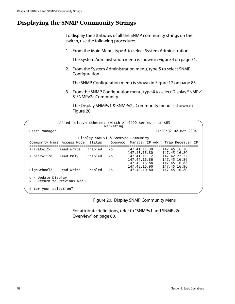 Displaying the snmp community strings | Allied Telesis AT-S63 User Manual | Page 92 / 710