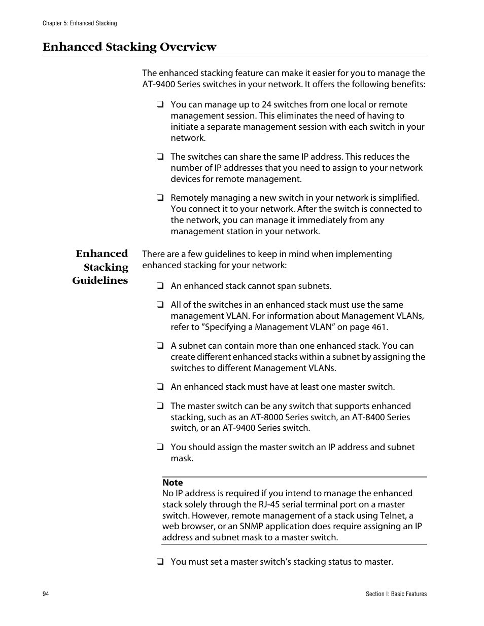 Enhanced stacking overview, Enhanced stacking guidelines | Allied Telesis AT-S63 User Manual | Page 94 / 710