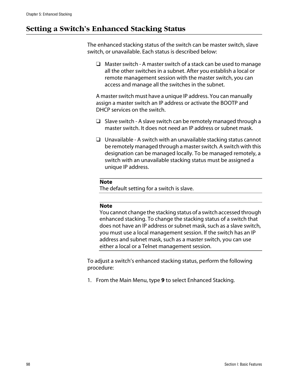 Setting a switch’s enhanced stacking status | Allied Telesis AT-S63 User Manual | Page 98 / 710