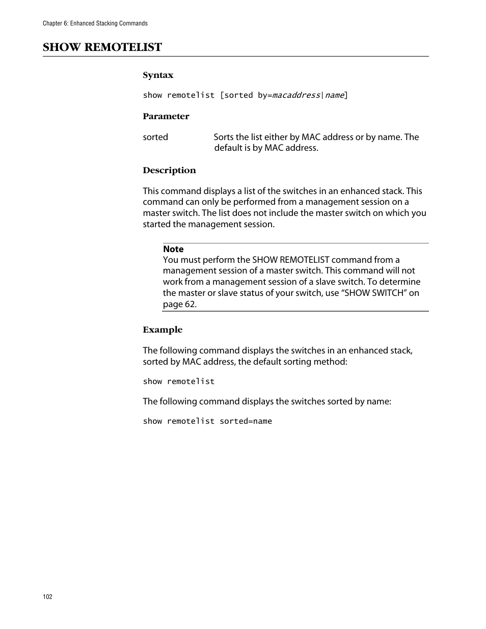 Show remotelist | Allied Telesis AT-S63 User Manual | Page 102 / 464