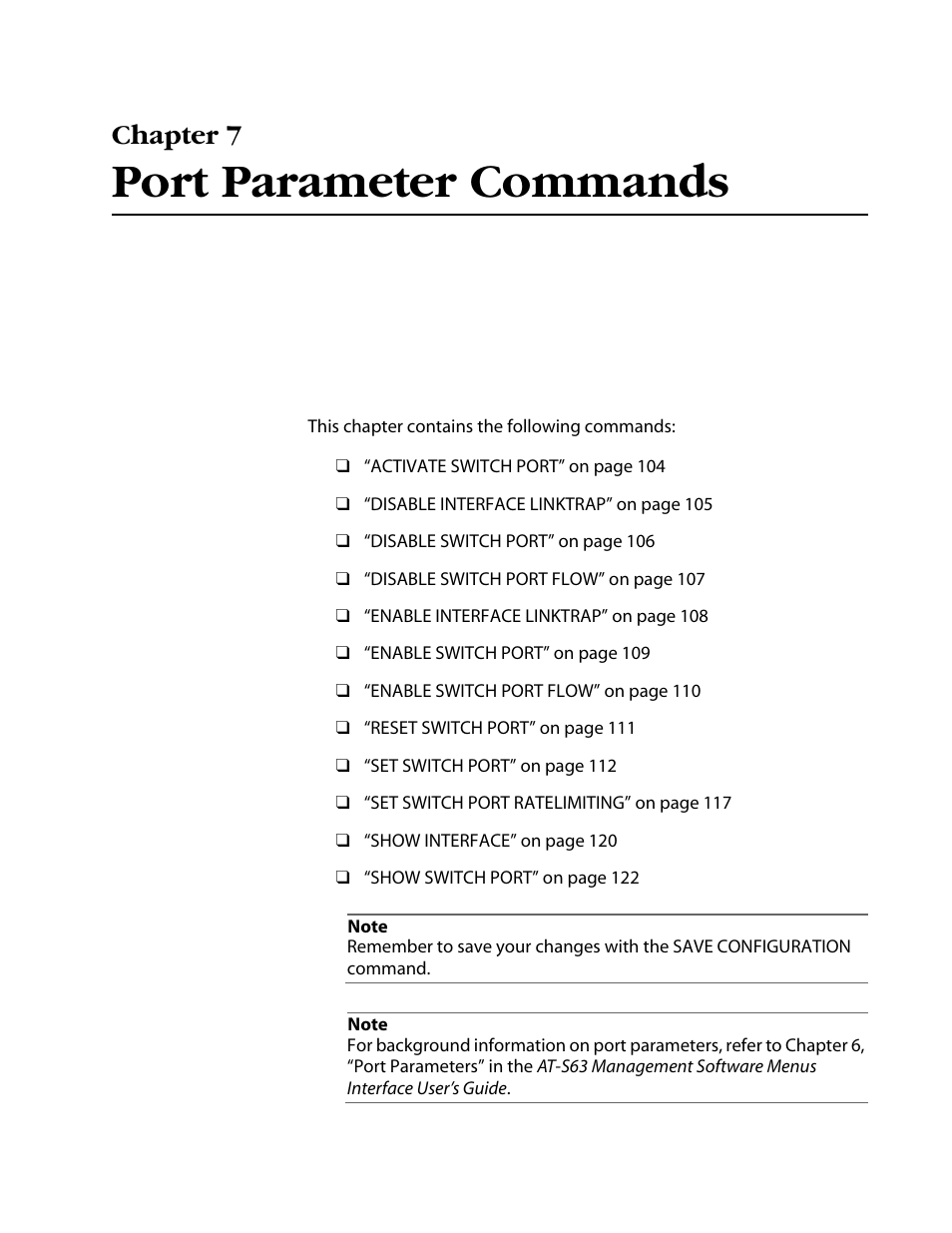 Chapter 7, Port parameter commands, Chapter 7 port parameter commands | Allied Telesis AT-S63 User Manual | Page 103 / 464