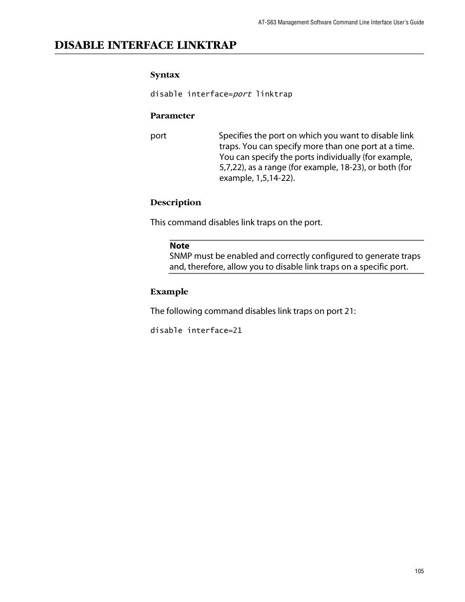 Disable interface linktrap | Allied Telesis AT-S63 User Manual | Page 105 / 464