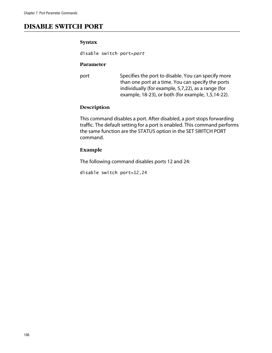 Disable switch port | Allied Telesis AT-S63 User Manual | Page 106 / 464