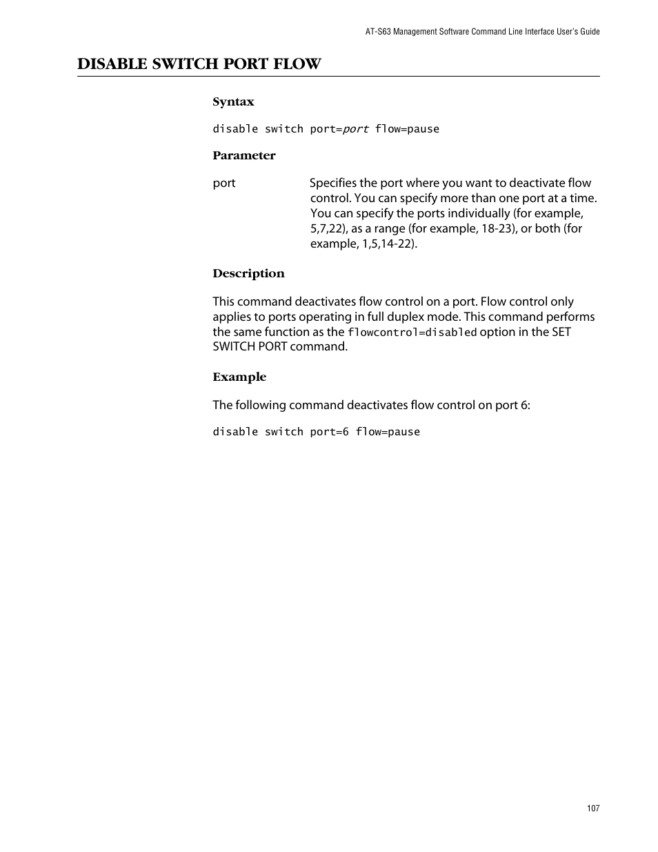 Disable switch port flow | Allied Telesis AT-S63 User Manual | Page 107 / 464