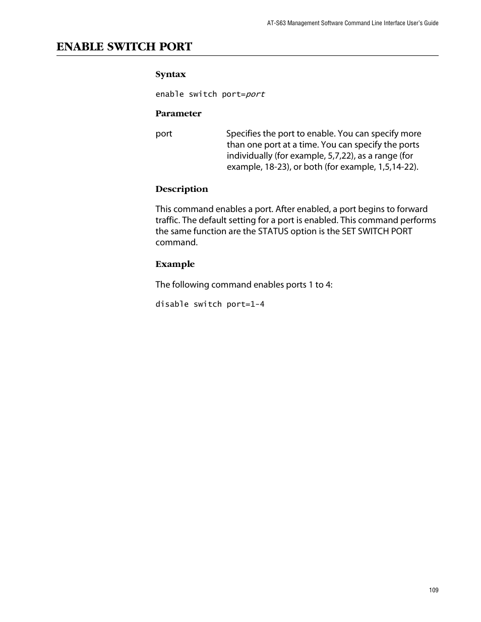 Enable switch port | Allied Telesis AT-S63 User Manual | Page 109 / 464
