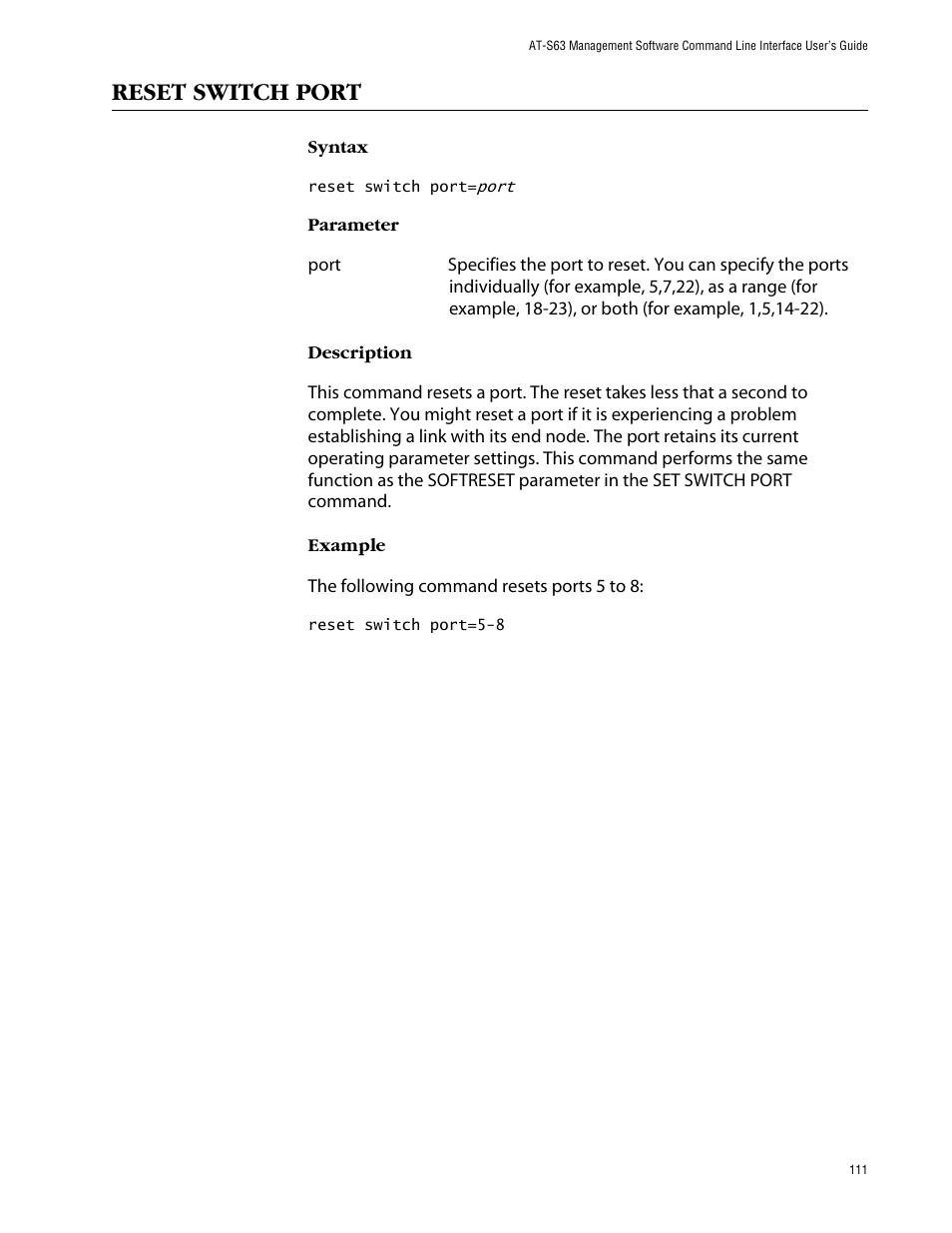 Reset switch port | Allied Telesis AT-S63 User Manual | Page 111 / 464