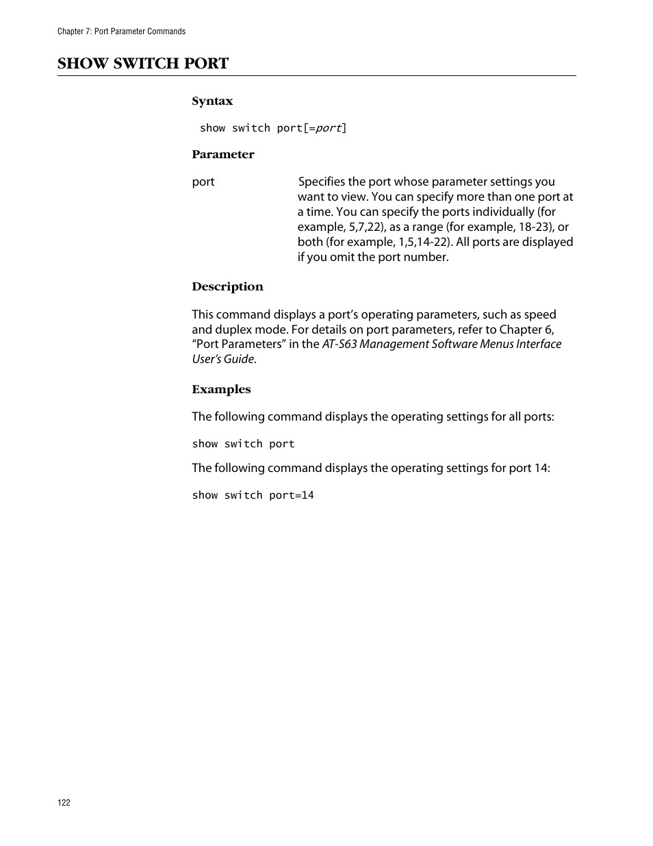 Show switch port | Allied Telesis AT-S63 User Manual | Page 122 / 464