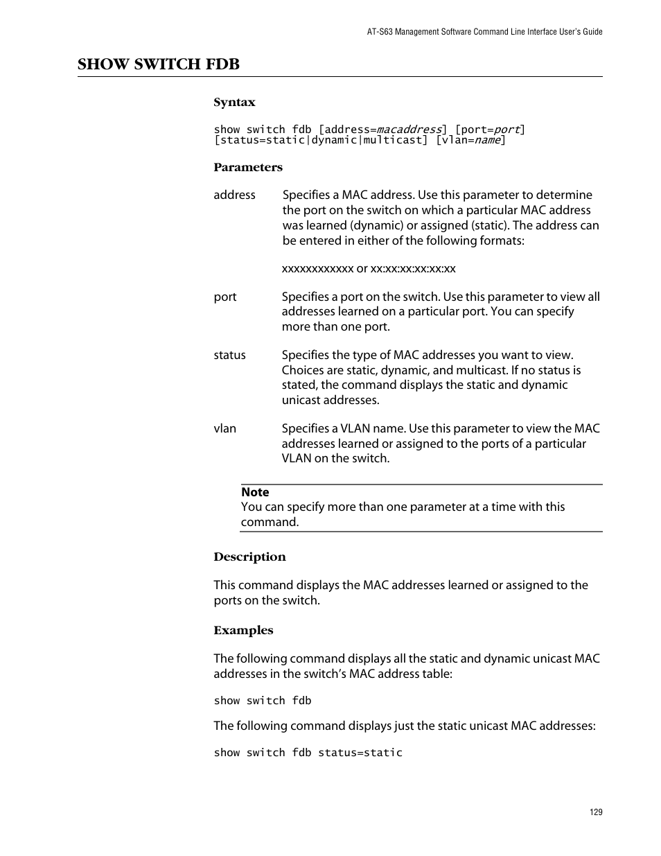 Show switch fdb | Allied Telesis AT-S63 User Manual | Page 129 / 464