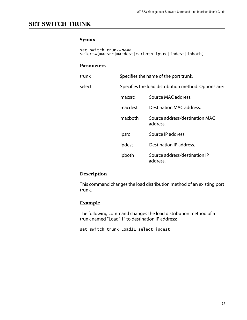 Set switch trunk | Allied Telesis AT-S63 User Manual | Page 137 / 464