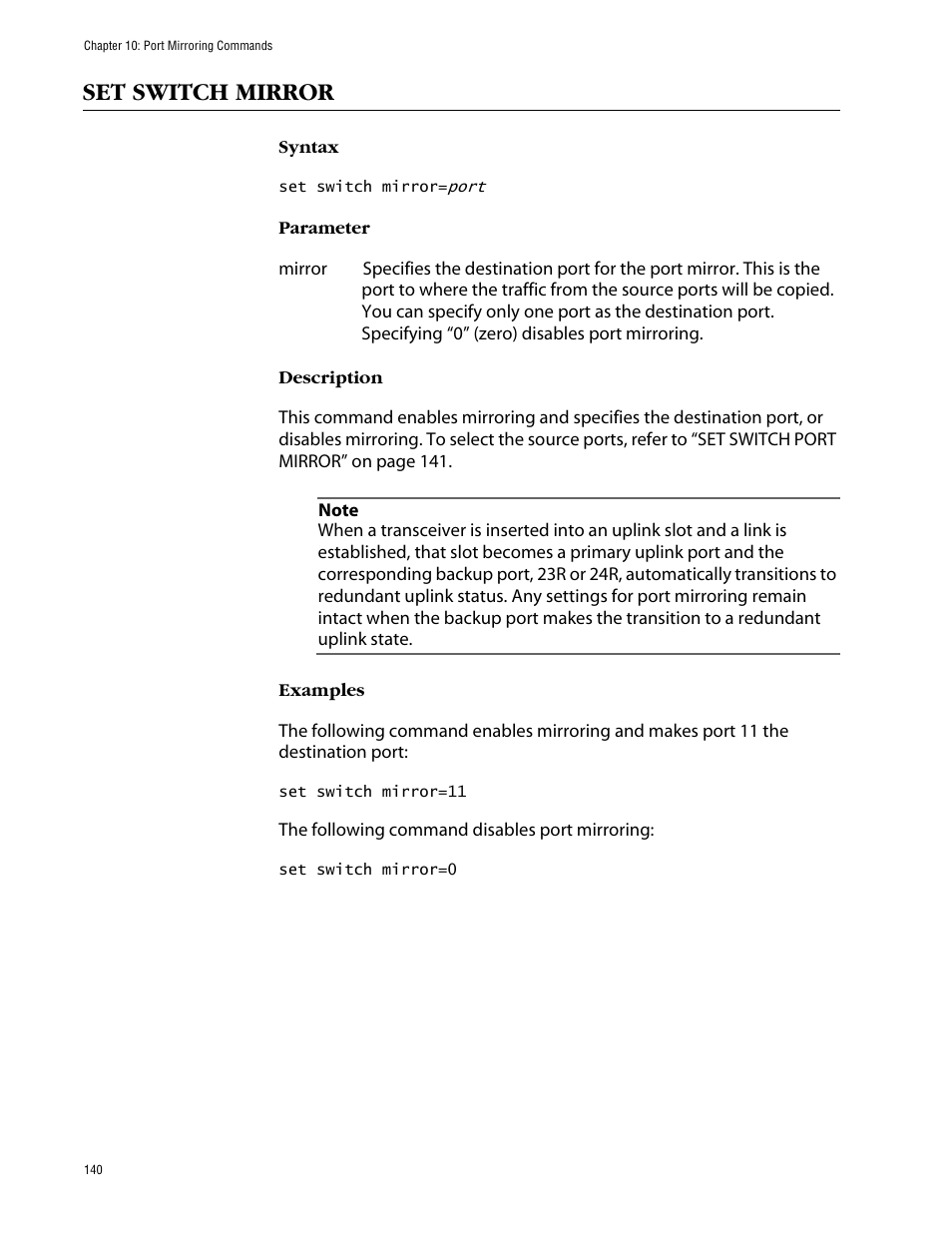 Set switch mirror | Allied Telesis AT-S63 User Manual | Page 140 / 464