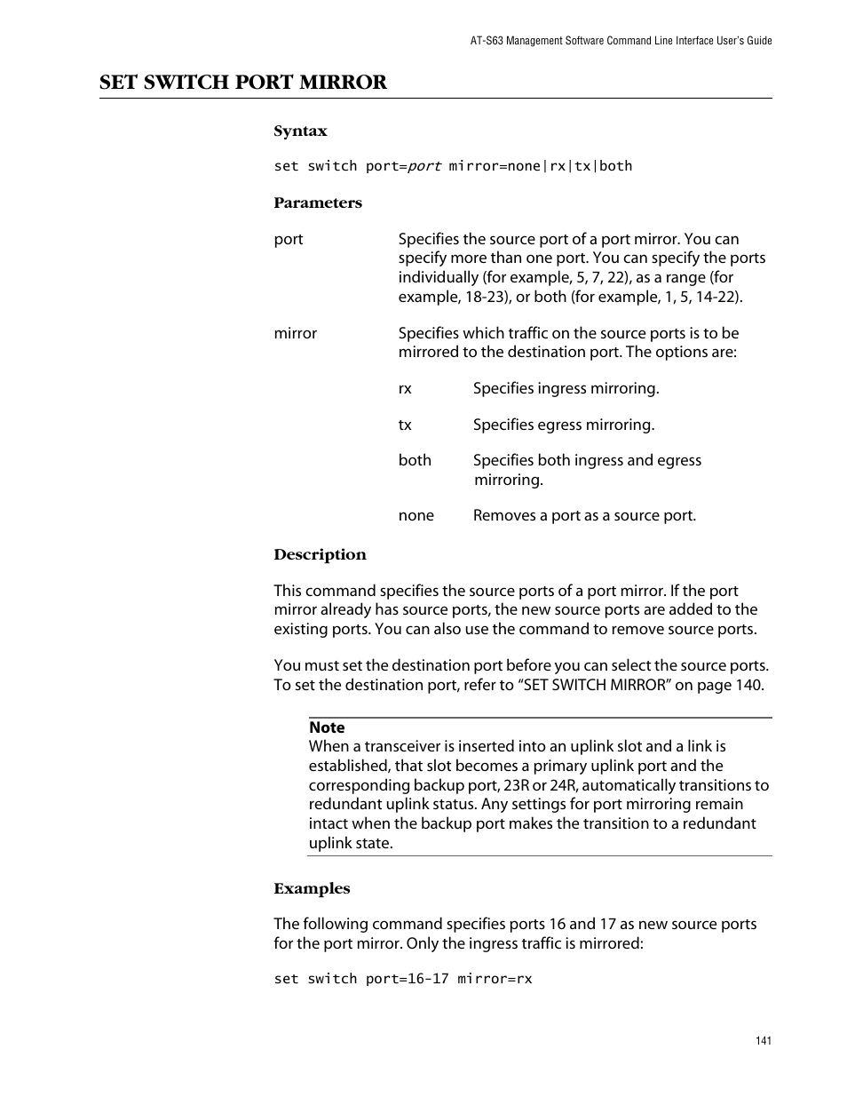 Set switch port mirror | Allied Telesis AT-S63 User Manual | Page 141 / 464