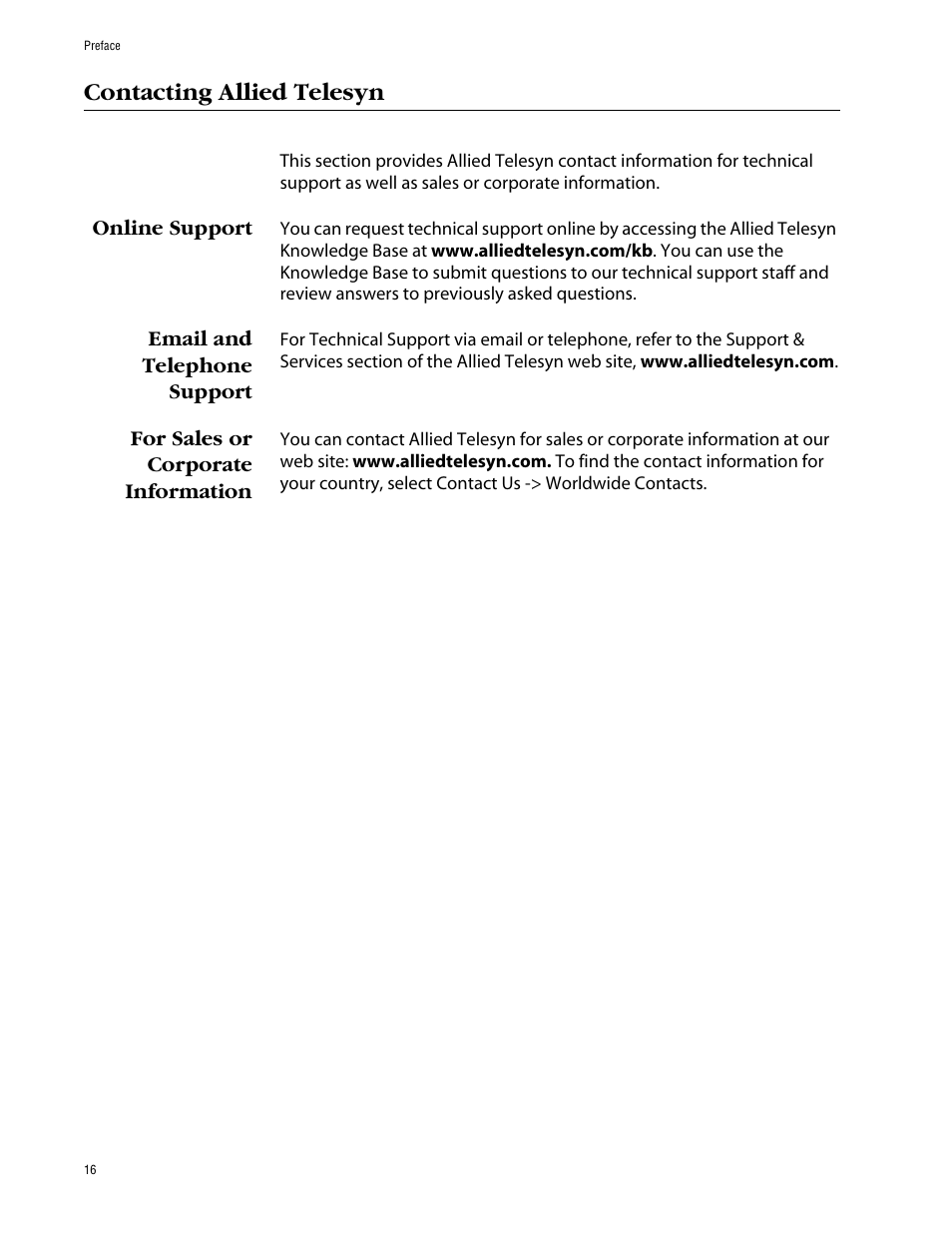 Contacting allied telesyn | Allied Telesis AT-S63 User Manual | Page 16 / 464