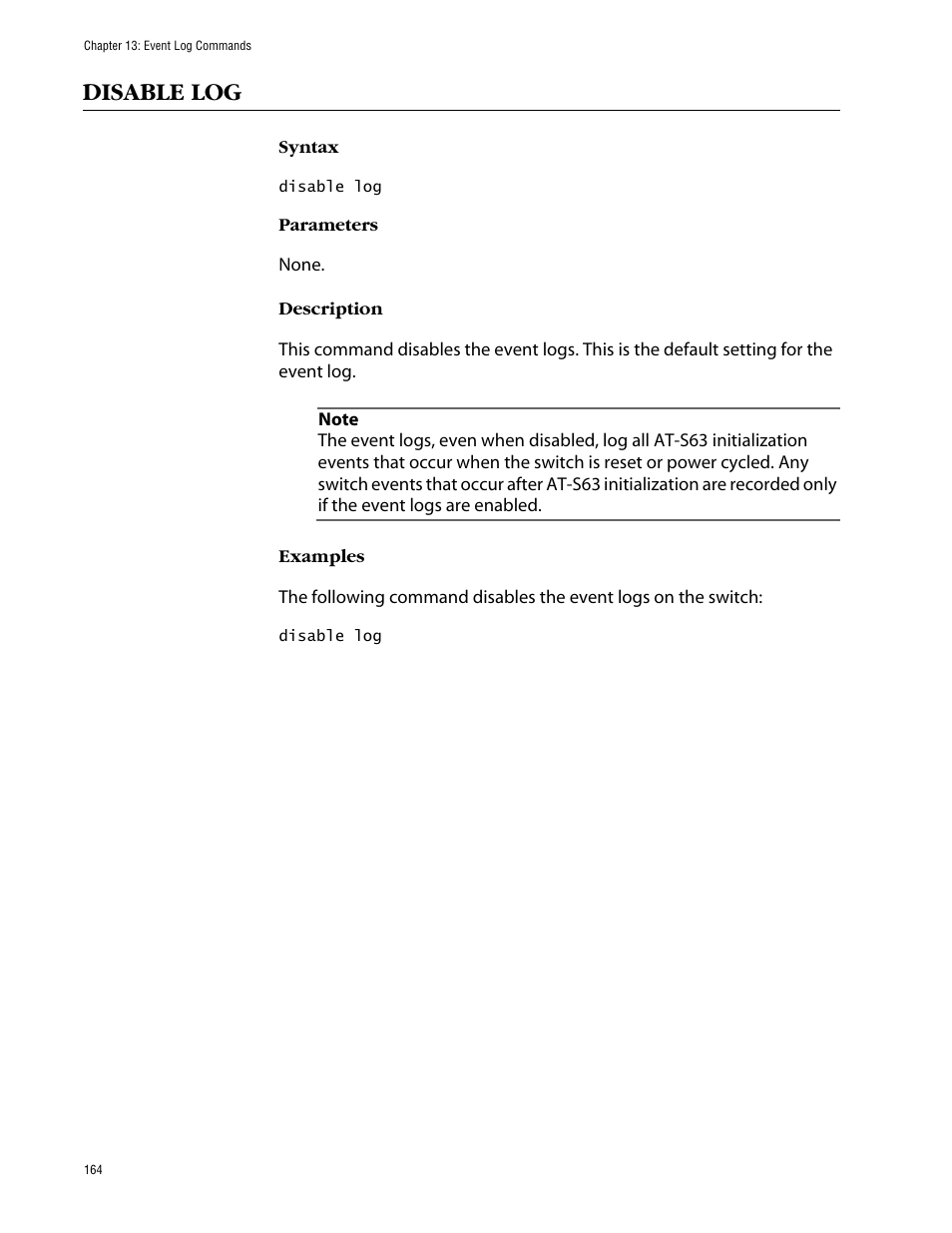 Disable log | Allied Telesis AT-S63 User Manual | Page 164 / 464