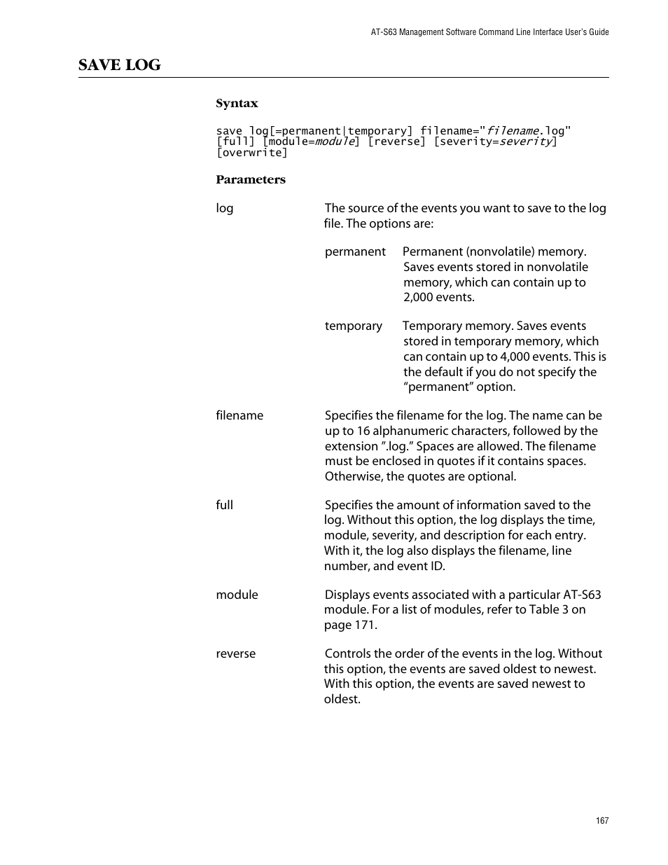 Save log | Allied Telesis AT-S63 User Manual | Page 167 / 464