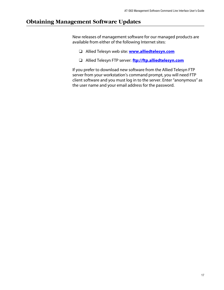 Obtaining management software updates | Allied Telesis AT-S63 User Manual | Page 17 / 464