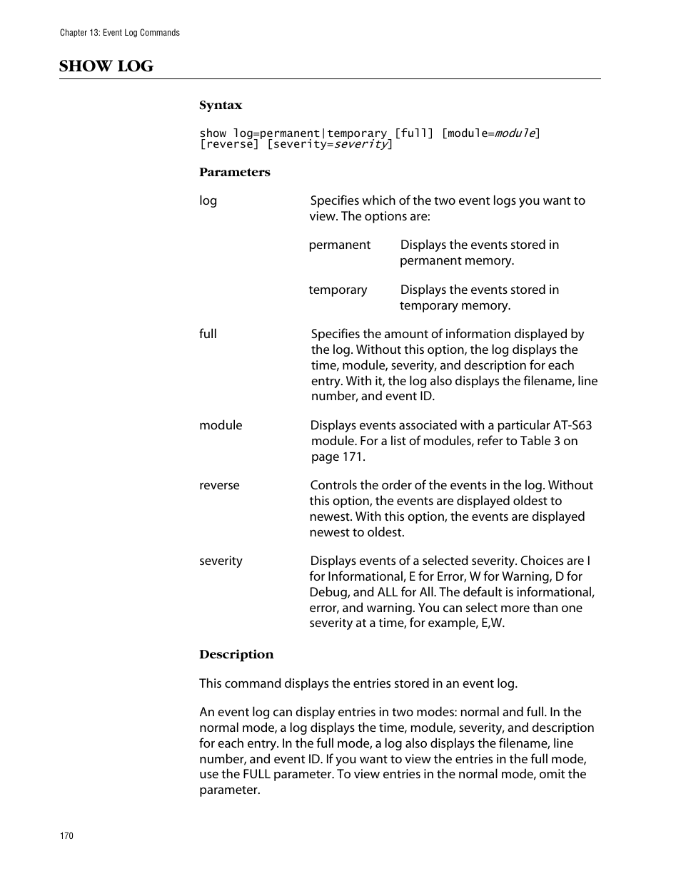 Show log | Allied Telesis AT-S63 User Manual | Page 170 / 464