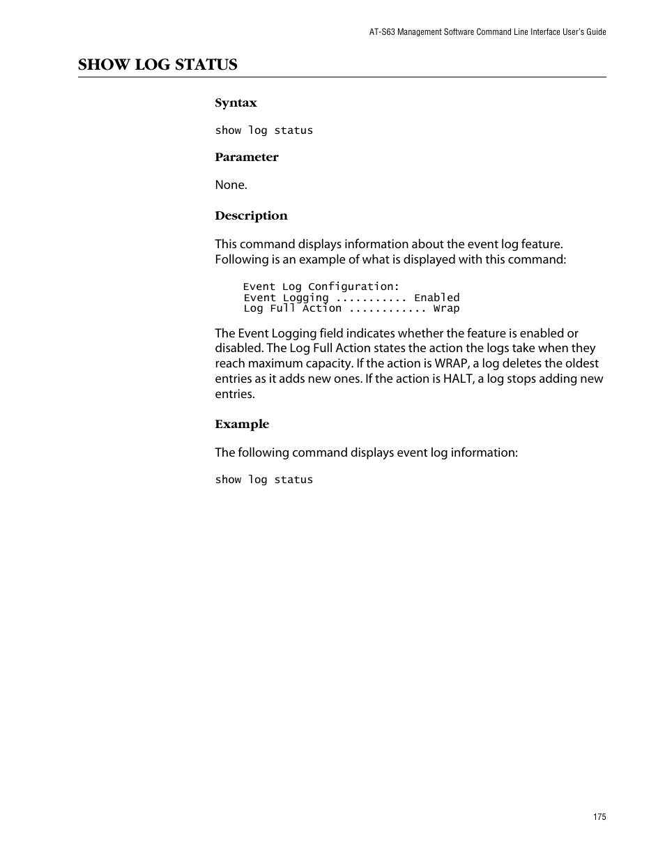 Show log status | Allied Telesis AT-S63 User Manual | Page 175 / 464