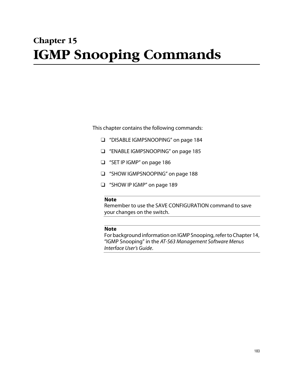 Chapter 15, Igmp snooping commands, Chapter 15 igmp snooping commands | Allied Telesis AT-S63 User Manual | Page 183 / 464