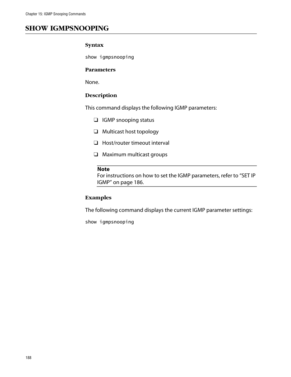 Show igmpsnooping | Allied Telesis AT-S63 User Manual | Page 188 / 464