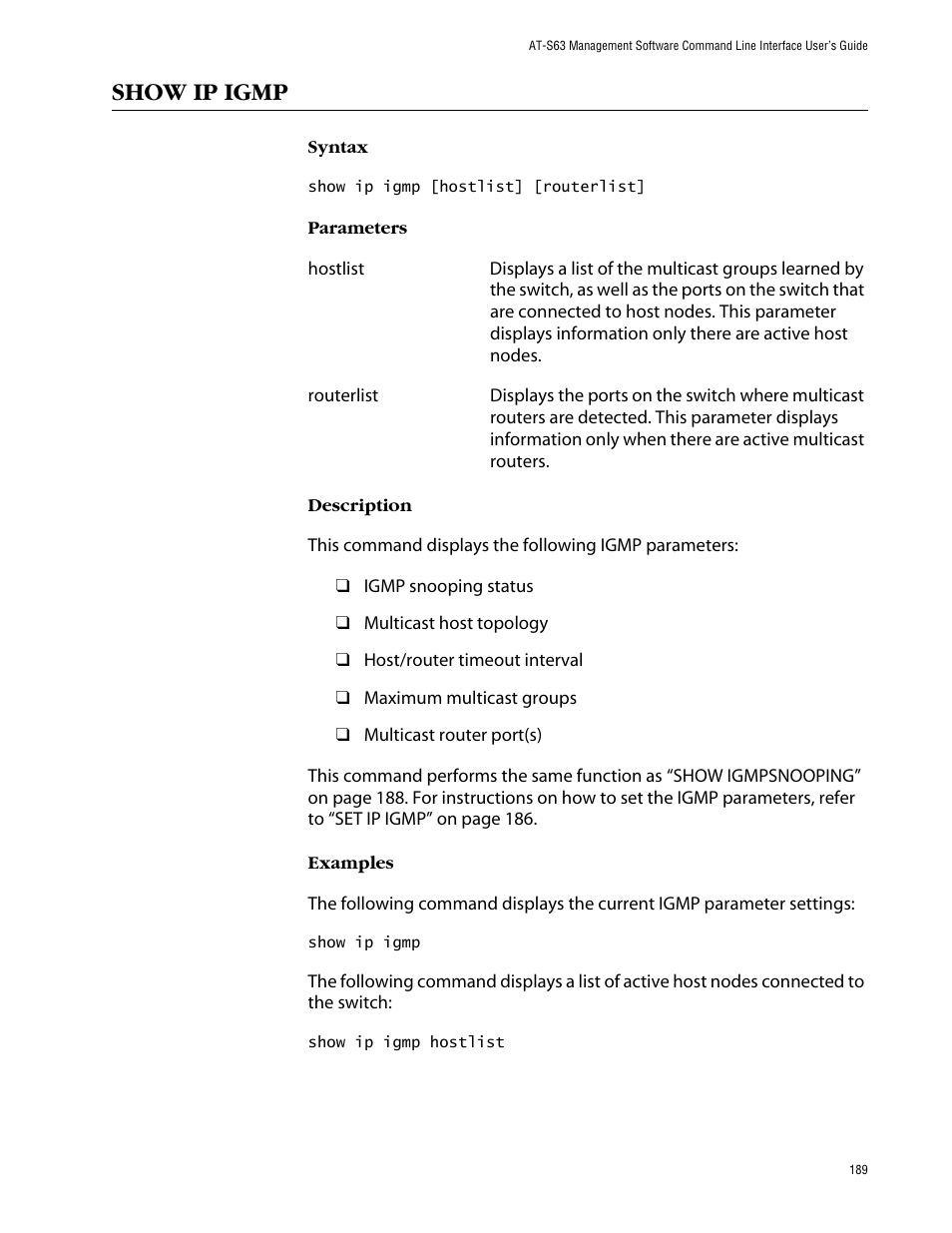 Show ip igmp | Allied Telesis AT-S63 User Manual | Page 189 / 464