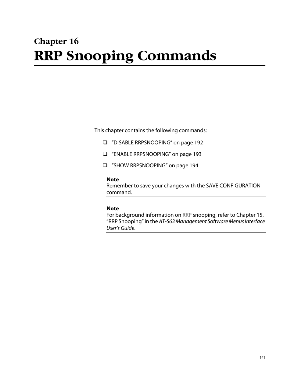 Chapter 16, Rrp snooping commands, Chapter 16 rrp snooping commands | Allied Telesis AT-S63 User Manual | Page 191 / 464