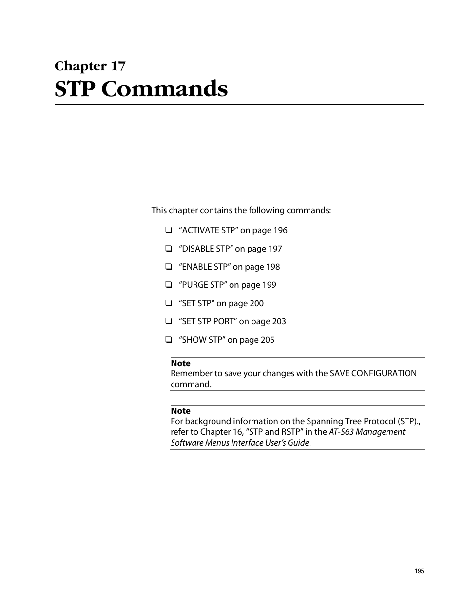 Chapter 17, Stp commands, Chapter 17 stp commands | Allied Telesis AT-S63 User Manual | Page 195 / 464