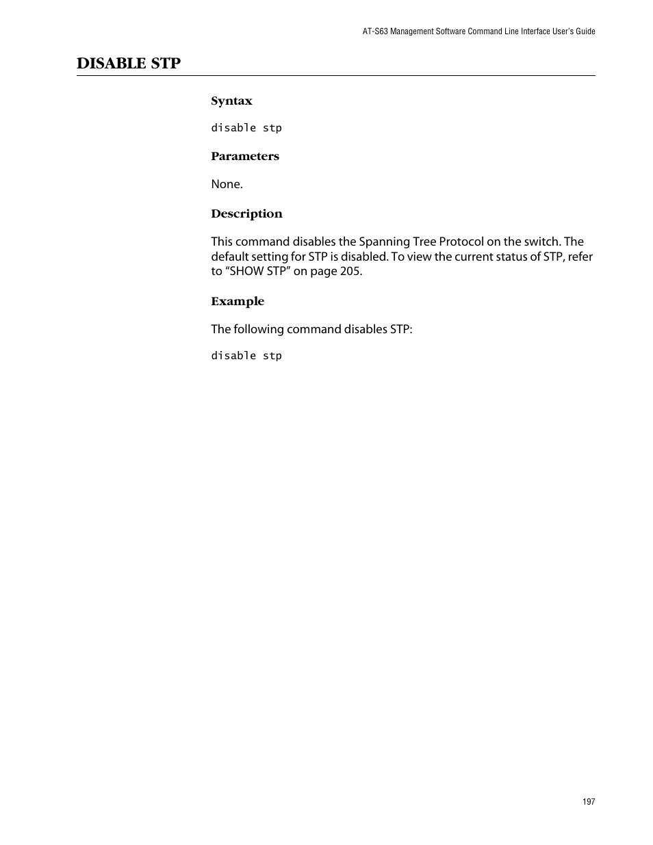 Disable stp | Allied Telesis AT-S63 User Manual | Page 197 / 464