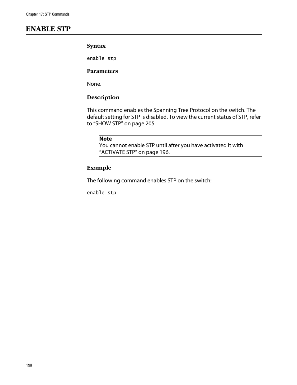 Enable stp | Allied Telesis AT-S63 User Manual | Page 198 / 464