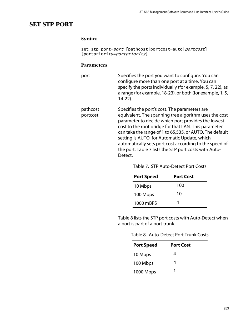 Set stp port | Allied Telesis AT-S63 User Manual | Page 203 / 464