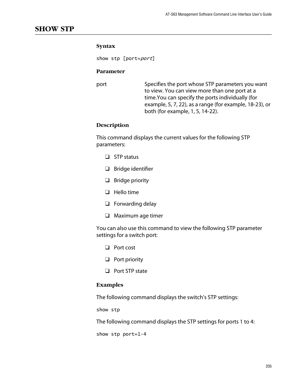 Show stp | Allied Telesis AT-S63 User Manual | Page 205 / 464