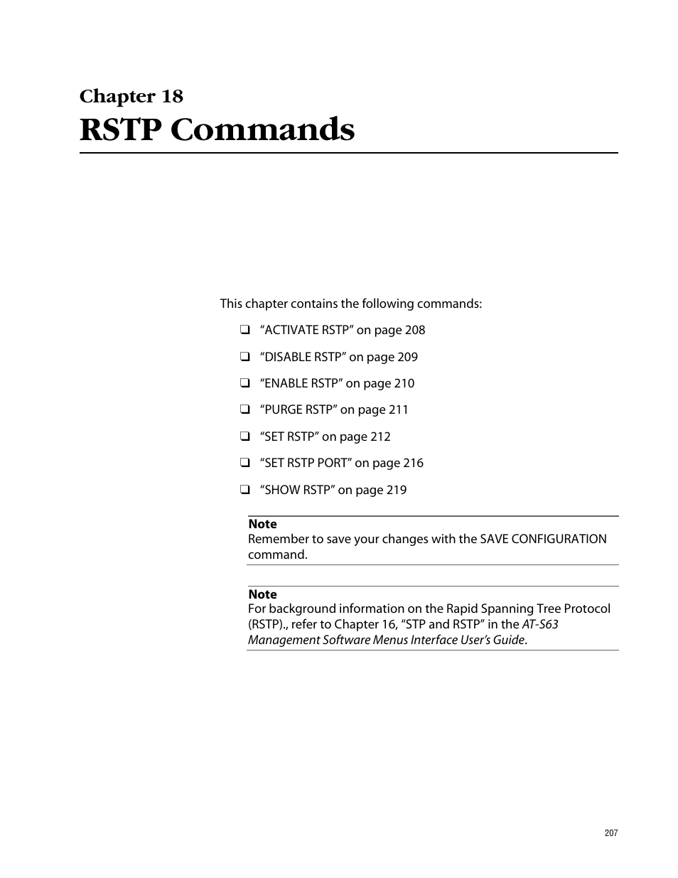 Chapter 18, Rstp commands, Chapter 18 rstp commands | Allied Telesis AT-S63 User Manual | Page 207 / 464