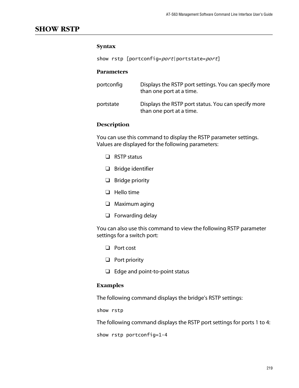Show rstp | Allied Telesis AT-S63 User Manual | Page 219 / 464