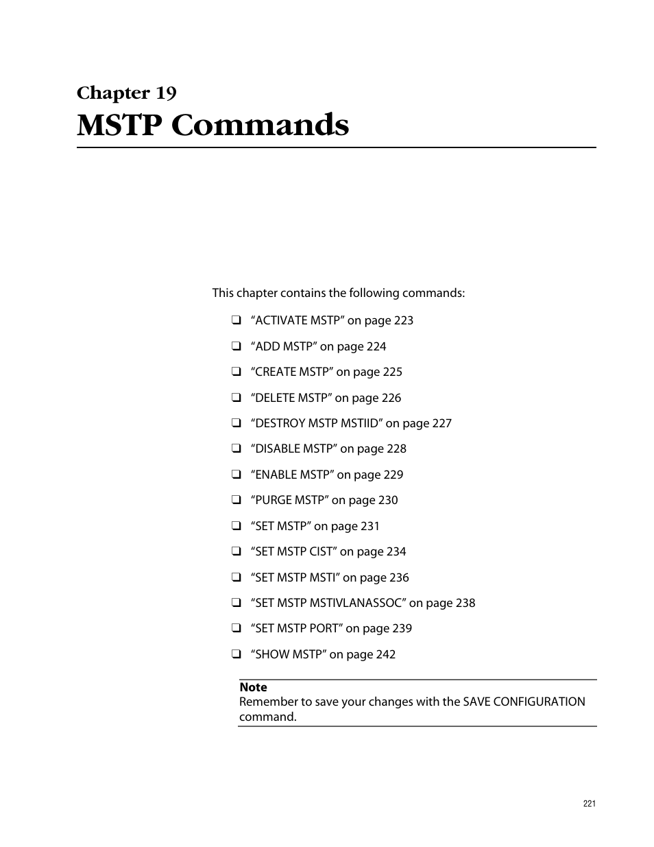 Chapter 19, Mstp commands, Chapter 19 mstp commands | Allied Telesis AT-S63 User Manual | Page 221 / 464