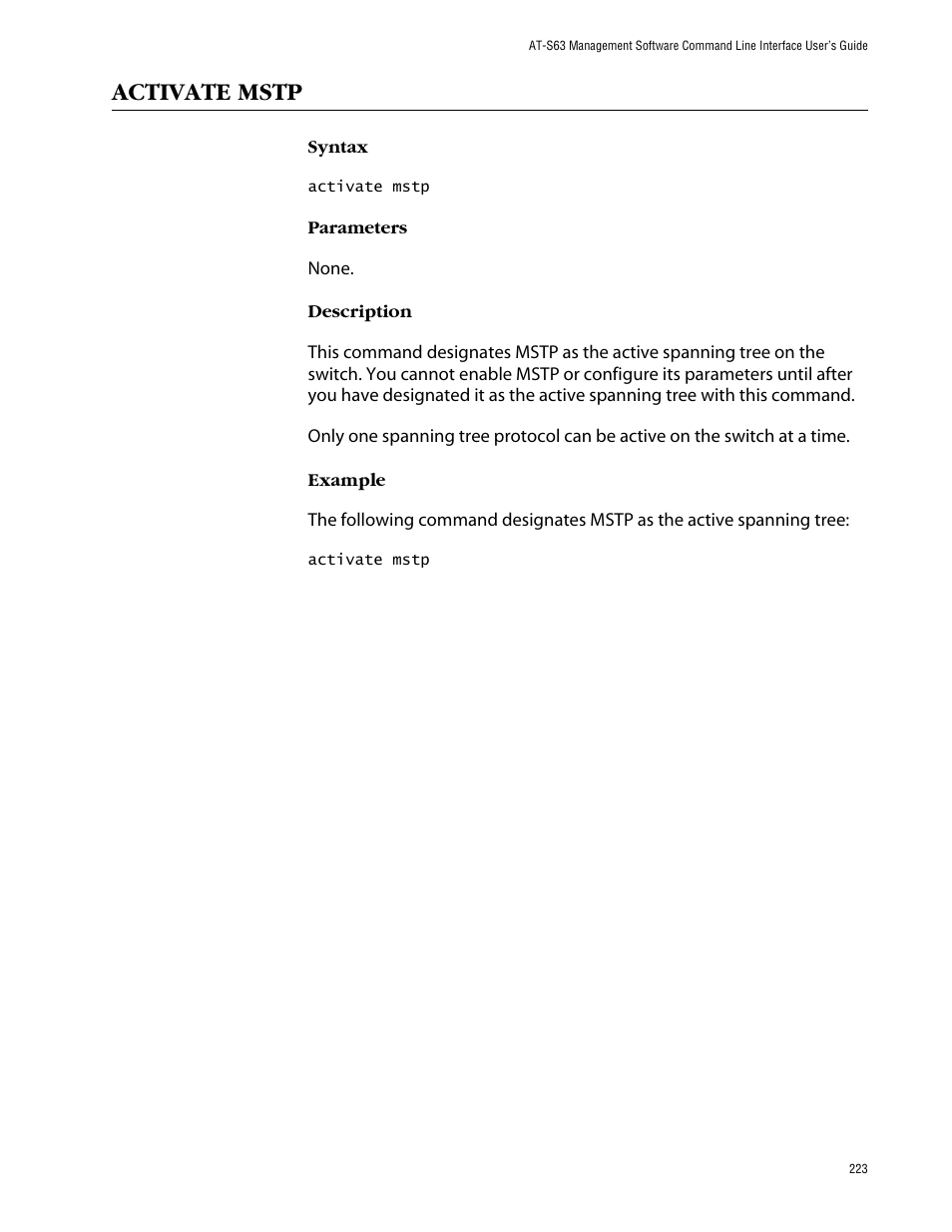Activate mstp | Allied Telesis AT-S63 User Manual | Page 223 / 464
